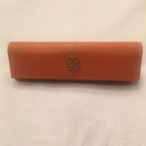 Tory Burch orange exterior cream interior eyeglass case